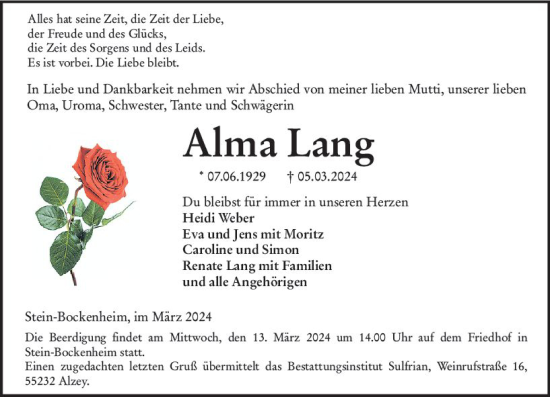 Traueranzeige von Alma Lang von Allgemeine Zeitung Alzey