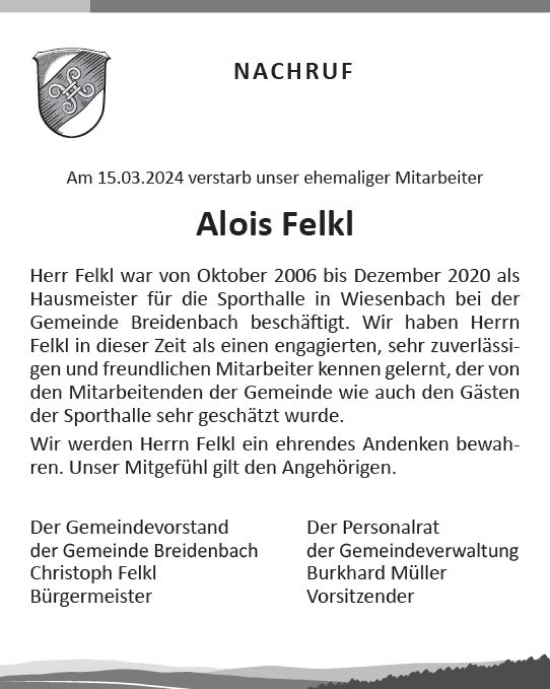Traueranzeige von Alois Felkl von Hinterländer Anzeiger