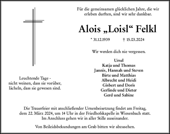 Traueranzeige von Alois Felkl von Hinterländer Anzeiger