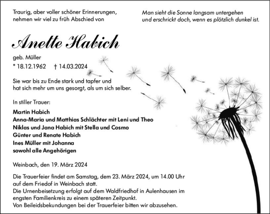 Traueranzeige von Anette Habich von Weilburger Tageblatt