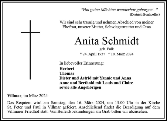 Traueranzeige von Anita Schmidt von Nassauische Neue Presse