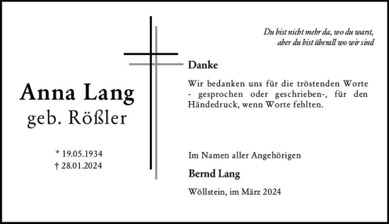 Traueranzeige von Anna Lang von Allgemeine Zeitung Alzey