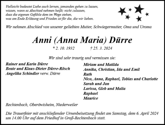 Traueranzeige von Anna Maria Dürre von Wetzlarer Neue Zeitung