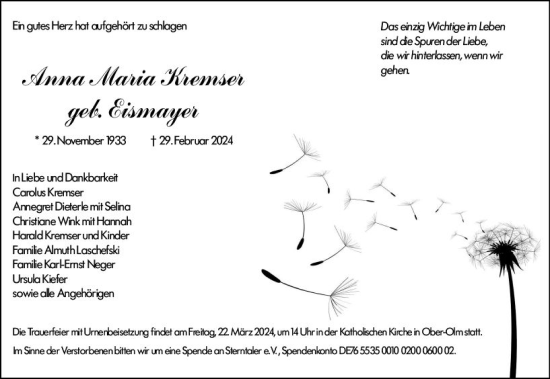 Traueranzeige von Anna Maria Kremser von Allgemeine Zeitung Mainz