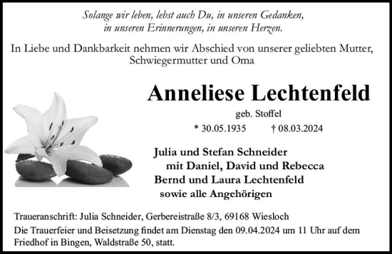 Traueranzeige von Anneliese Lechtenfeld von Allgemeine Zeitung Bingen/Ingelheim