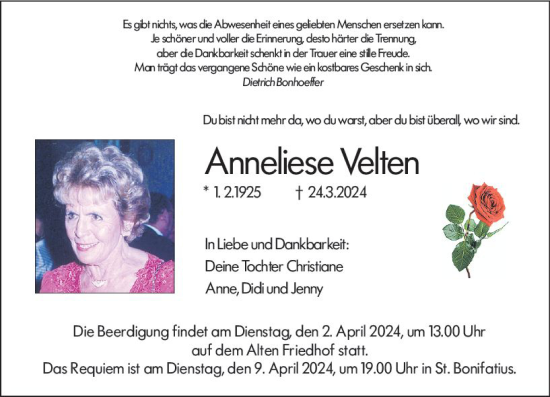 Traueranzeige von Anneliese Velten von Hochheimer Zeitung