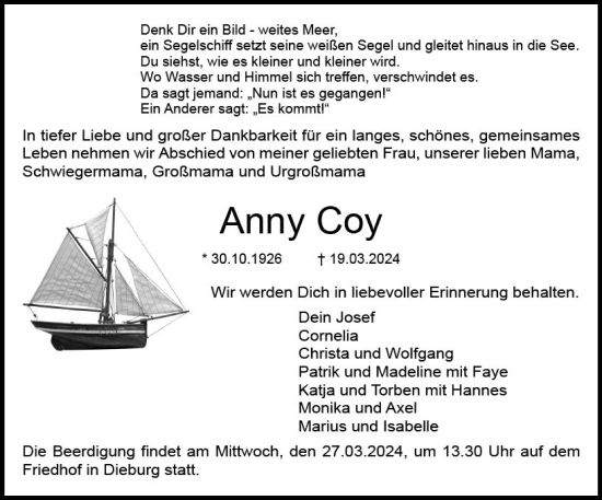 Traueranzeige von Anni Coy von Dieburger Anzeiger/Groß-Zimmerner Lokal-Anzeiger