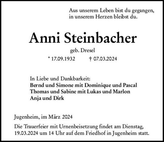 Traueranzeige von Anni Steinbacher von Darmstädter Echo