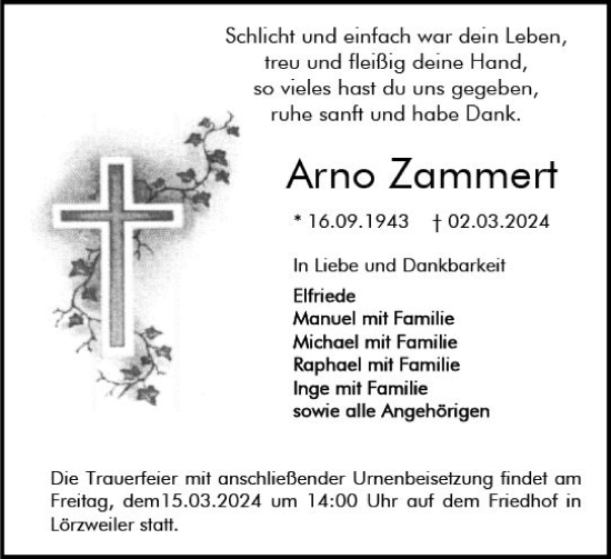 Traueranzeige von Arno Zammert von Allgemeine Zeitung Mainz