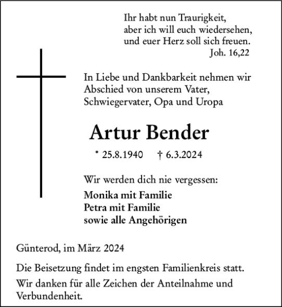 Traueranzeige von Artur Bender von Hinterländer Anzeiger