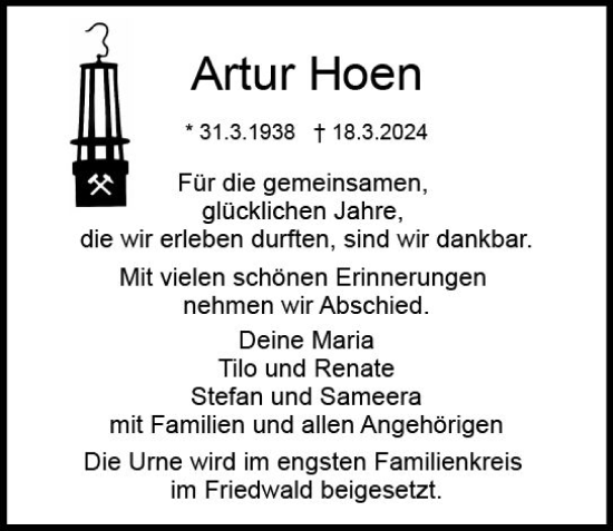 Traueranzeige von Artur Hoen von Dieburger Anzeiger/Groß-Zimmerner Lokal-Anzeiger
