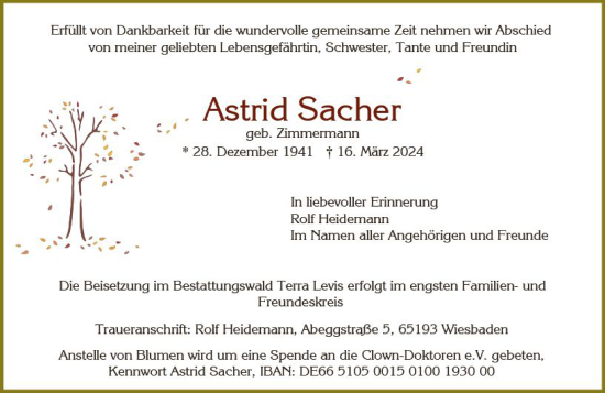 Traueranzeige von Astrid Sacher von Wiesbadener Kurier