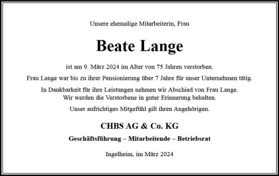 Traueranzeige von Beate Lange von Allgemeine Zeitung Bingen/Ingelheim