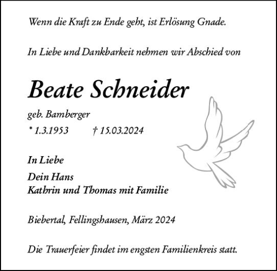 Traueranzeige von Beate Schneider von Hinterländer Anzeiger