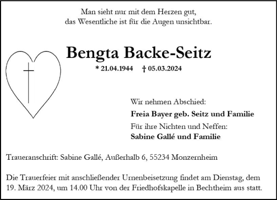 Traueranzeige von Bengta Backe-Seitz von Wormser Zeitung