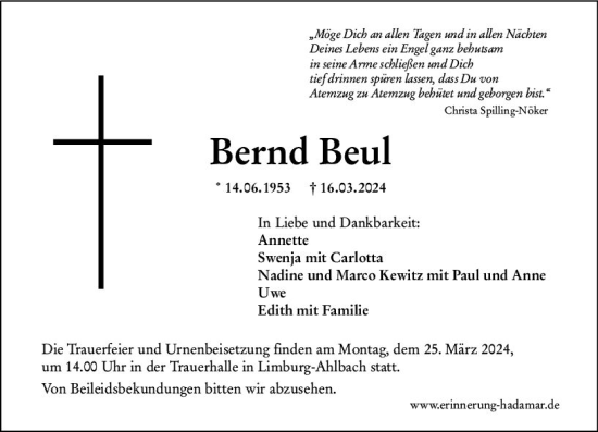 Traueranzeige von Bernd Beul von Nassauische Neue Presse