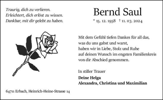 Traueranzeige von Bernd Saul von Odenwälder Echo