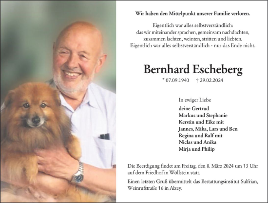 Traueranzeige von Bernhard Escheberg von Allgemeine Zeitung Alzey