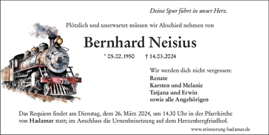 Traueranzeige von Bernhard Neisius von Nassauische Neue Presse