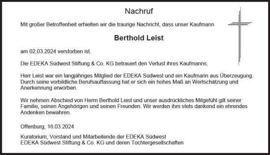 Traueranzeige von Berthold Leist von Darmstädter Echo