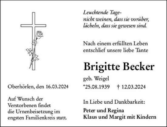 Traueranzeige von Brigitte Becker von Hinterländer Anzeiger