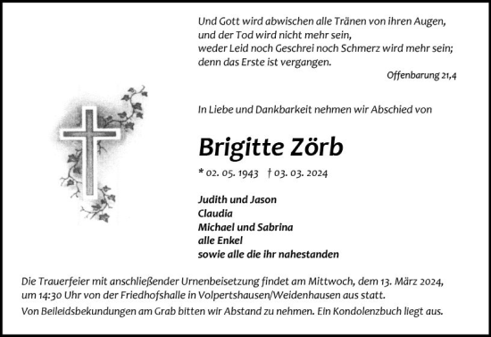 Traueranzeige von Brigitte Zörb von Wetzlarer Neue Zeitung