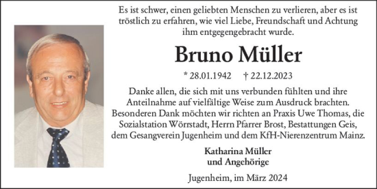 Traueranzeige von Bruno Müller von Allgemeine Zeitung Mainz