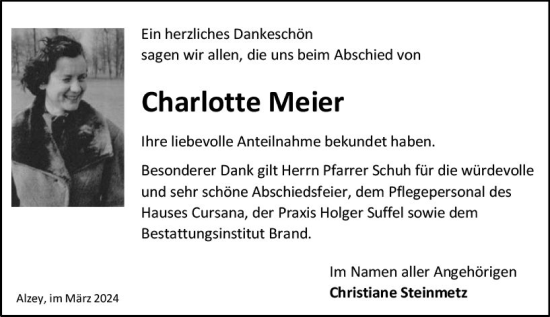 Traueranzeige von Charlotte Meier von Allgemeine Zeitung Alzey