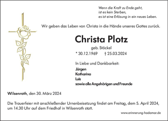 Traueranzeige von Christa Plotz von Nassauische Neue Presse