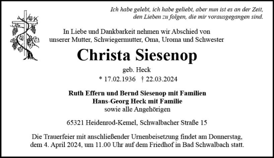 Traueranzeige von Christa Siesenop von Idsteiner Land/Untertaunus
