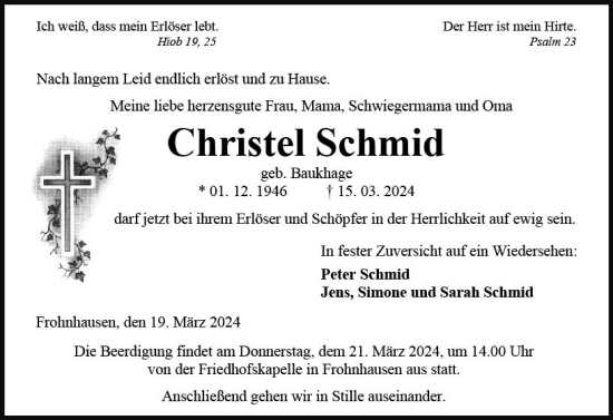 Traueranzeige von Christel Schmid von Dill Block