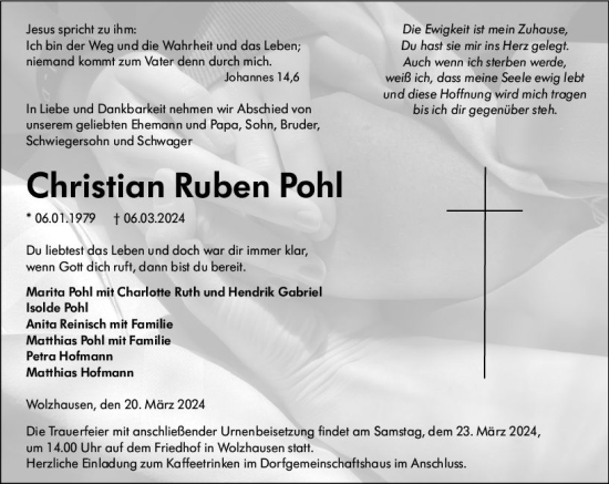 Traueranzeige von Christian Ruben Pohl von Hinterländer Anzeiger