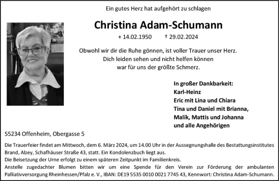 Traueranzeige von Christina Adam-Schumann von Allgemeine Zeitung Alzey
