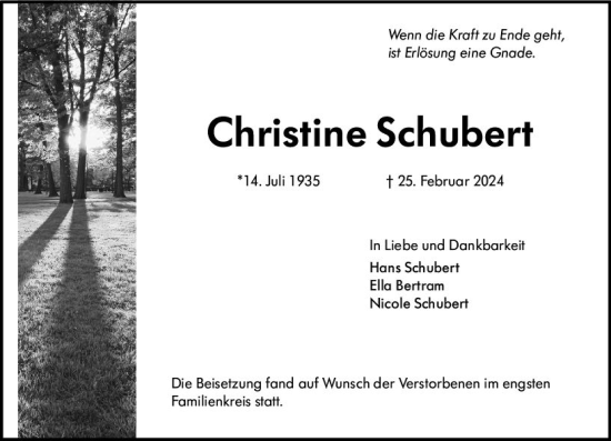 Traueranzeige von Christine Schubert von Rüsselsheimer Echo