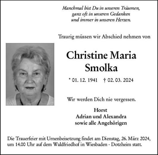 Traueranzeige von Christine Maria Smolka von Wiesbadener Kurier