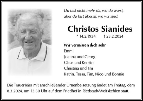 Traueranzeige von Christos Sianides von Darmstädter Echo