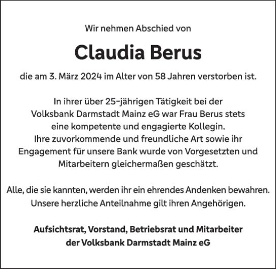 Traueranzeige von Claudia Berus von Allgemeine Zeitung Alzey