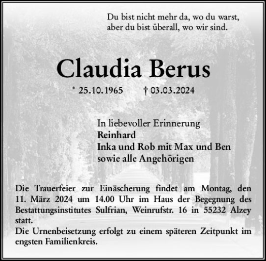 Traueranzeige von Claudia Berus von Allgemeine Zeitung Alzey