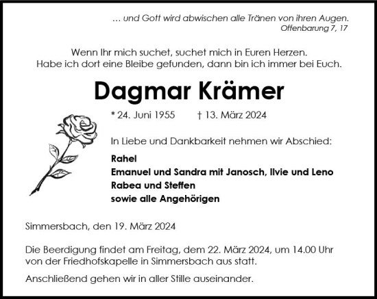 Traueranzeige von Dagmar Krämer von Dill Block
