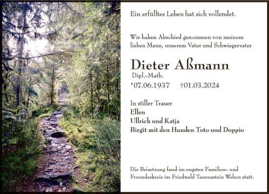 Traueranzeige von Dieter Aßmann von Idsteiner Land/Untertaunus