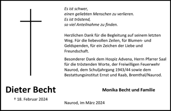 Traueranzeige von Dieter Becht von Wiesbadener Kurier