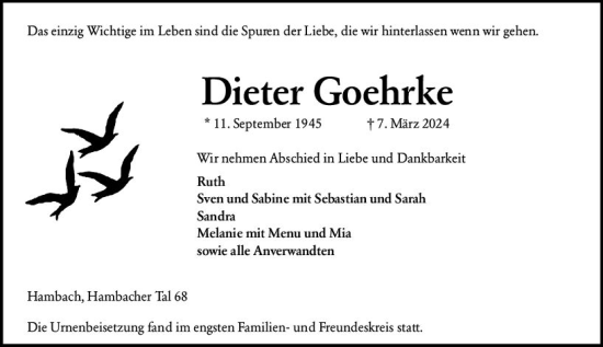 Traueranzeige von Dieter Goehrke von Starkenburger Echo