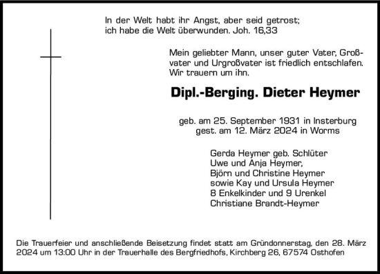 Traueranzeige von Dieter Heymer von Wormser Zeitung