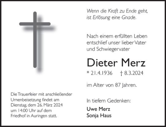 Traueranzeige von Dieter Merz von Wiesbadener Kurier
