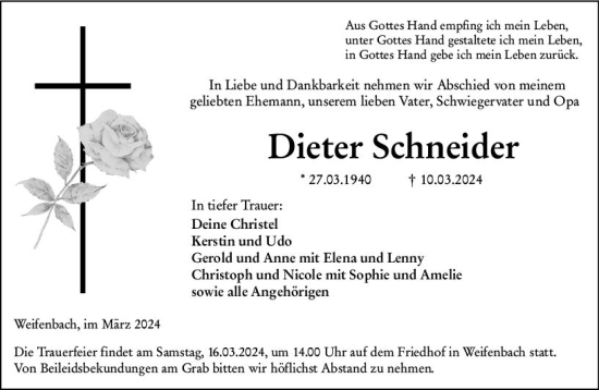 Traueranzeige von Dieter Schneider von Hinterländer Anzeiger