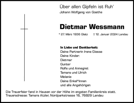 Traueranzeige von Dietmar Wessmann von Wiesbadener Kurier