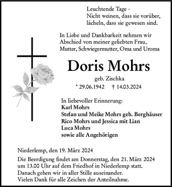 Traueranzeige von Doris Mohrs von Wetzlarer Neue Zeitung