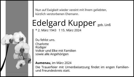 Traueranzeige von Edelgard Kupper von Weilburger Tageblatt
