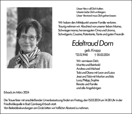 Traueranzeige von Edeltraud Dorn von Camberger Anzeiger