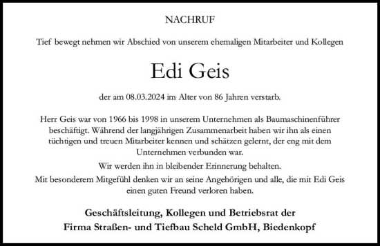 Traueranzeige von Edi Geis von Hinterländer Anzeiger
